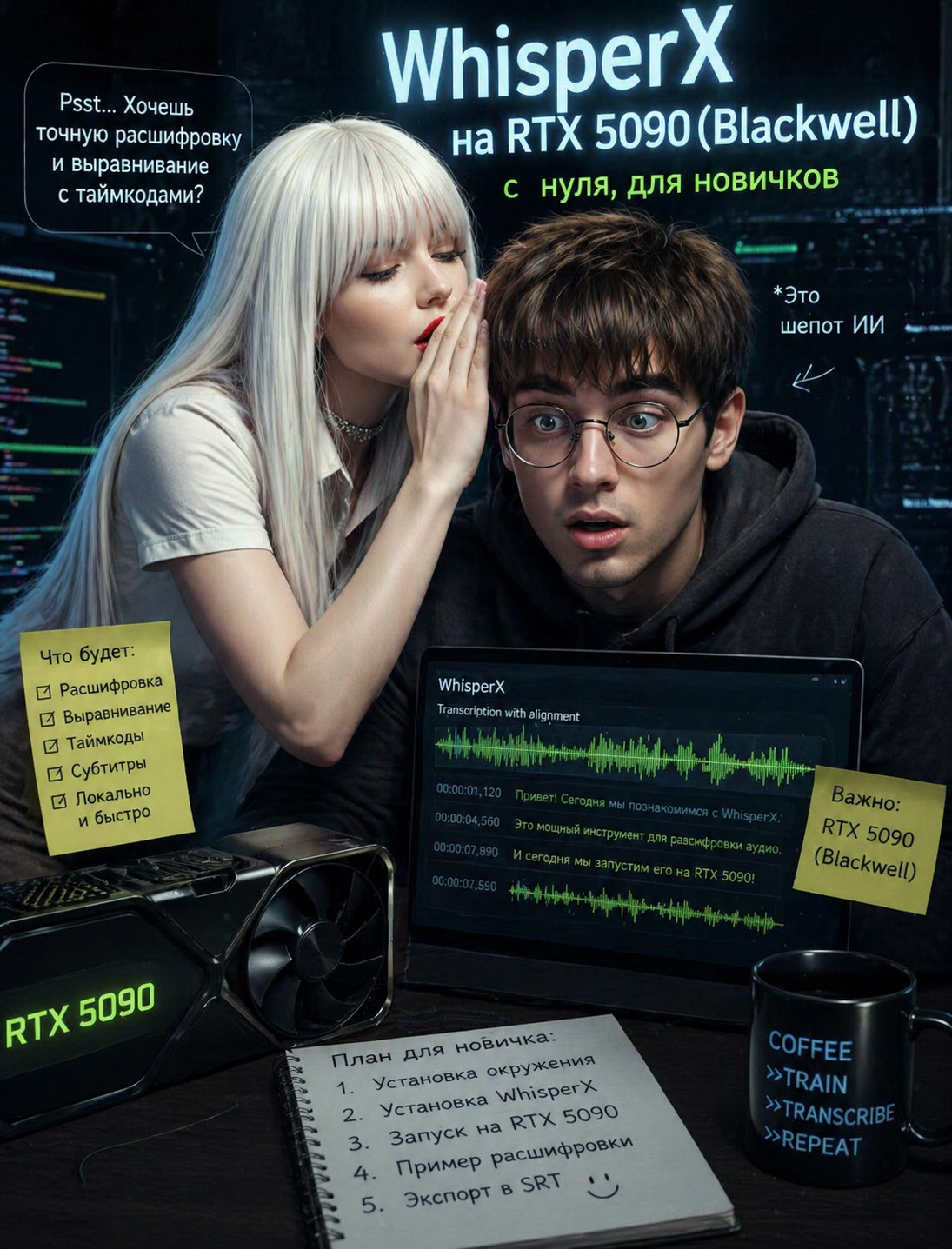 WhisperX на RTX 5090 (Blackwell) с нуля, для новичков